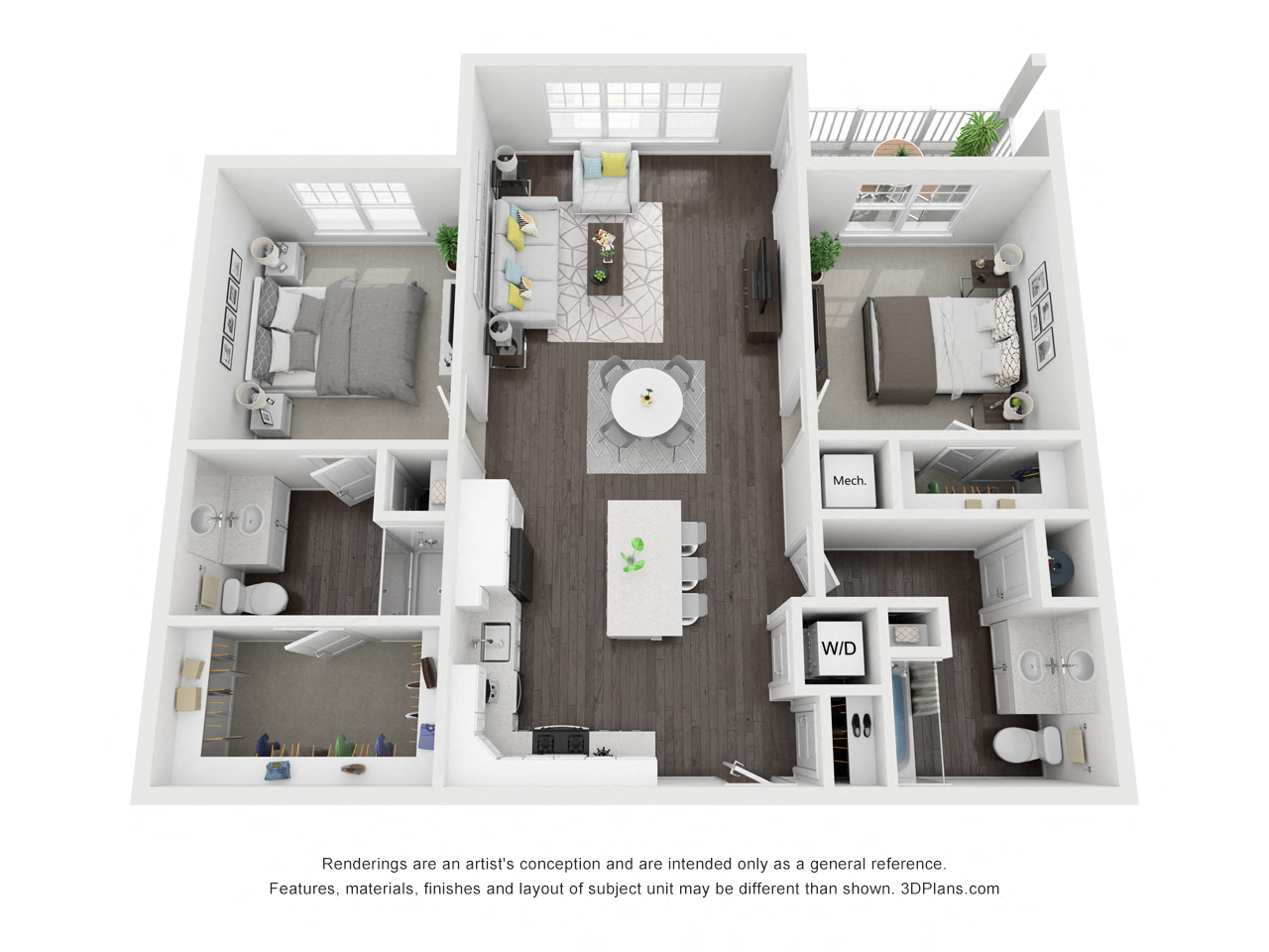 Floor plan for 2 beds, 2 baths, 1108 sqft